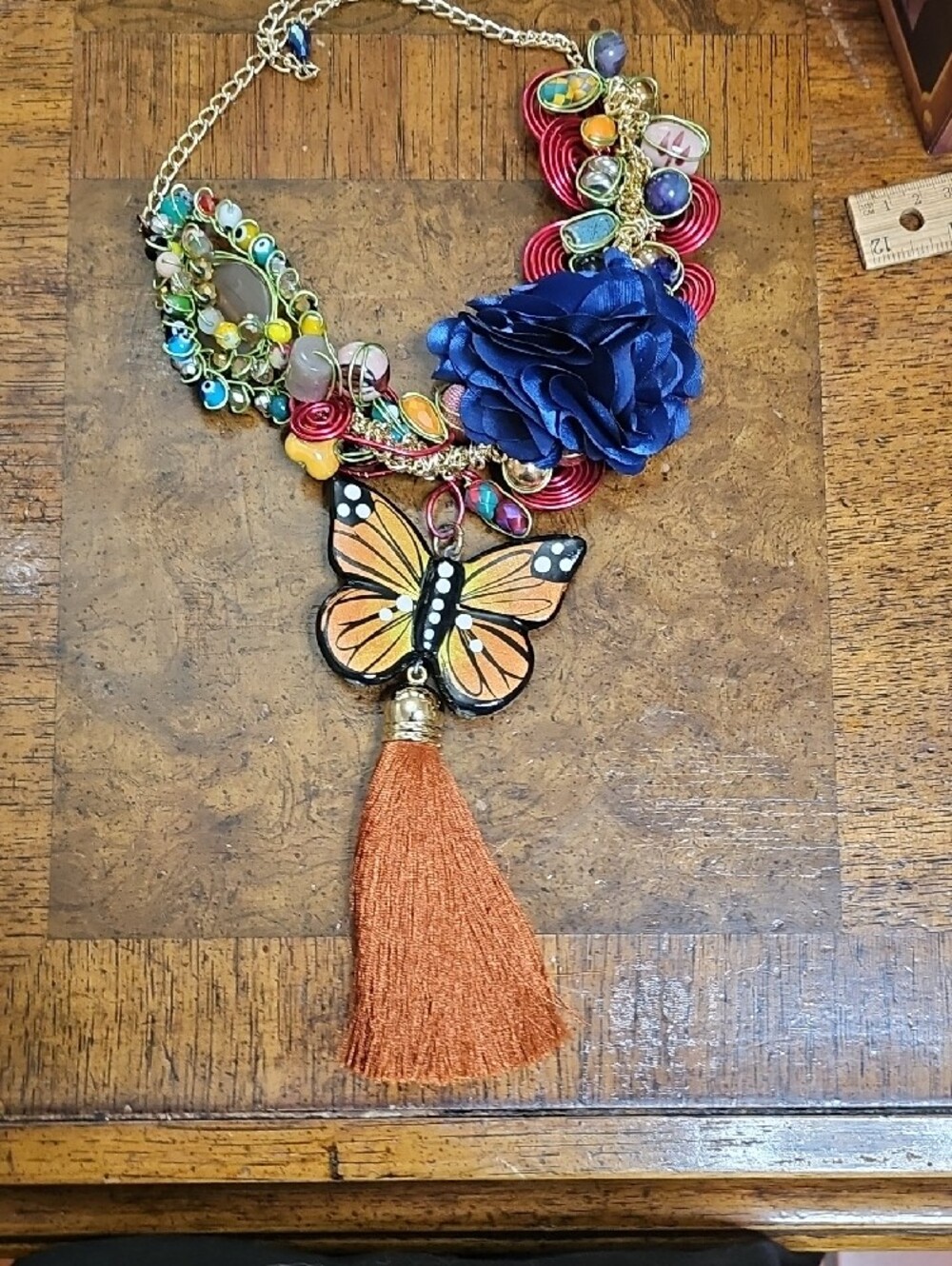 Statement Floral & Butterfly Pendant Necklace - Blue - Picture 11 of 12
